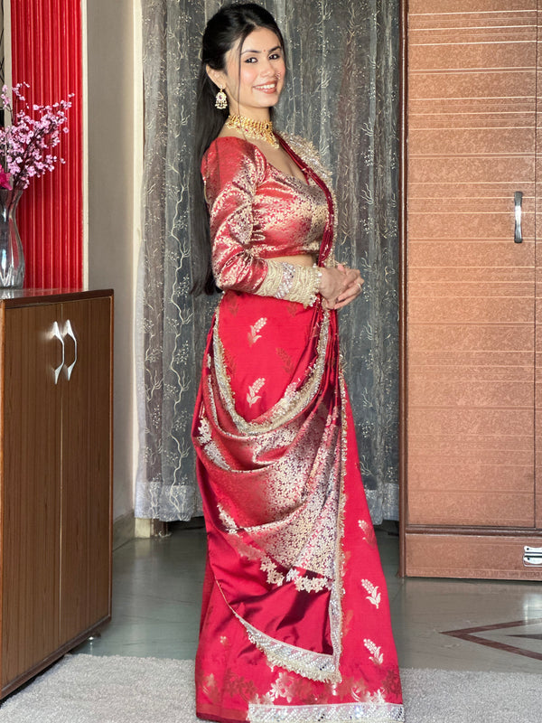 Maroon Red Banarasi Nazakat Soft Silk Saree