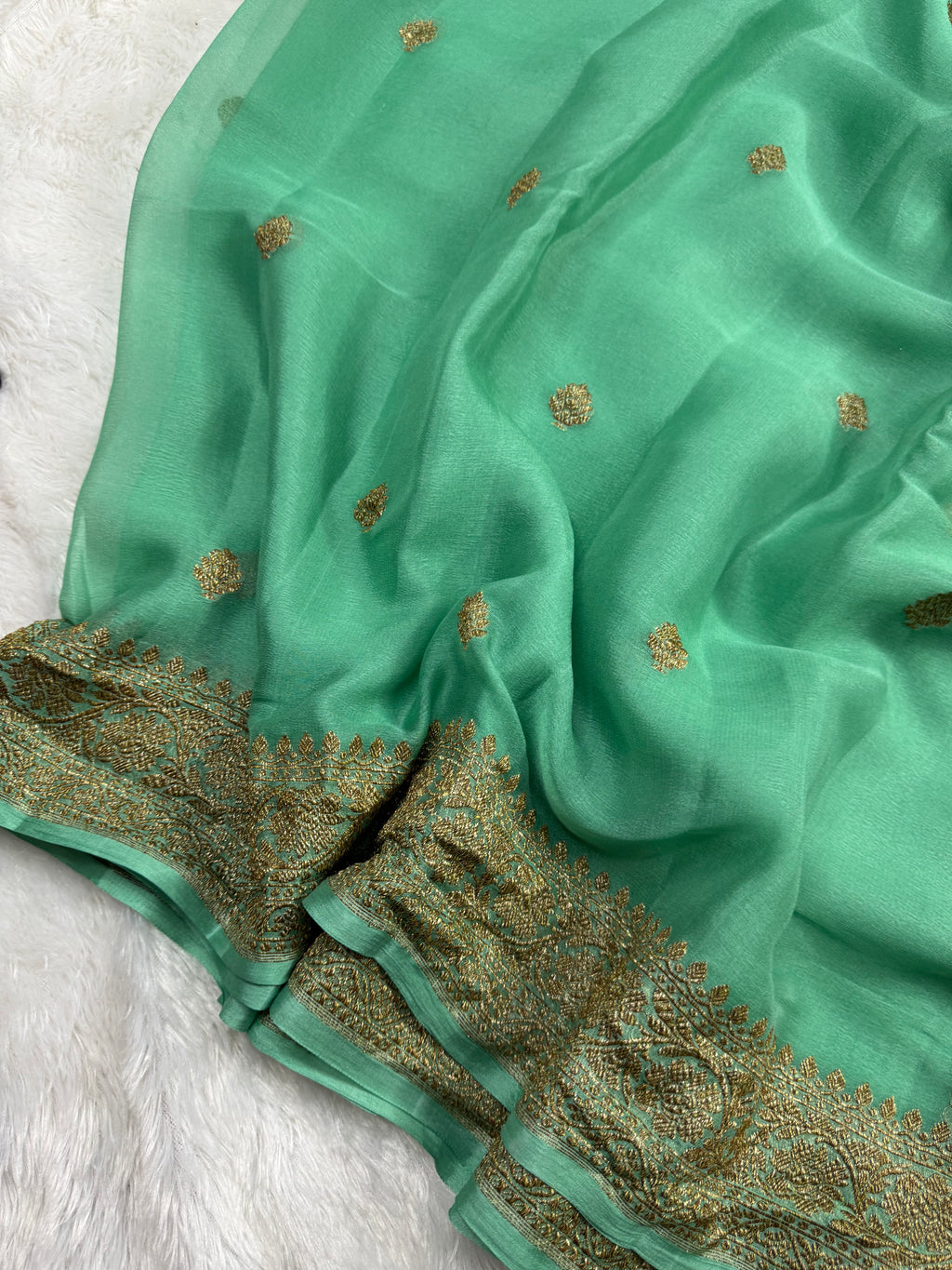 Pista Mint Green Pure khaddi Chiffon Silk Banarasi Saree