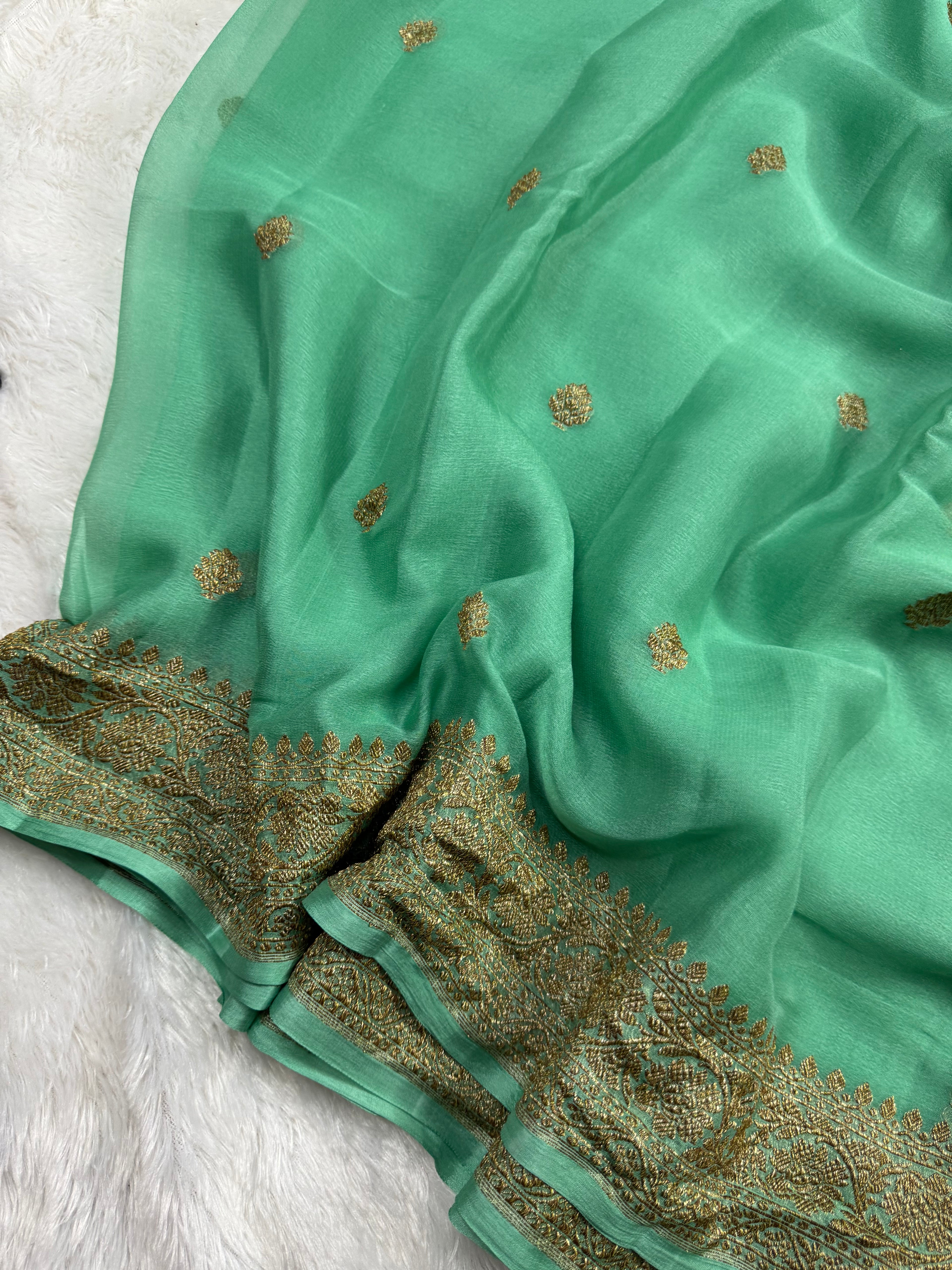 Pista Mint Green Pure khaddi Chiffon Silk Banarasi Saree