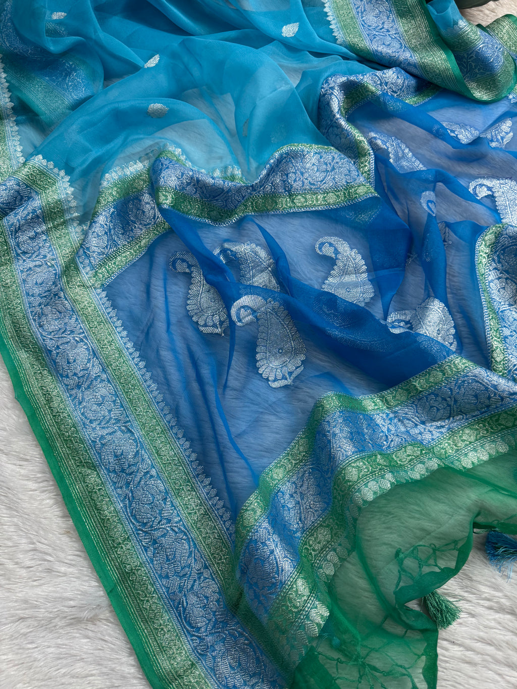 Sky Blue 3D Pure Khaddi Chiffon Silk Banarasi Saree