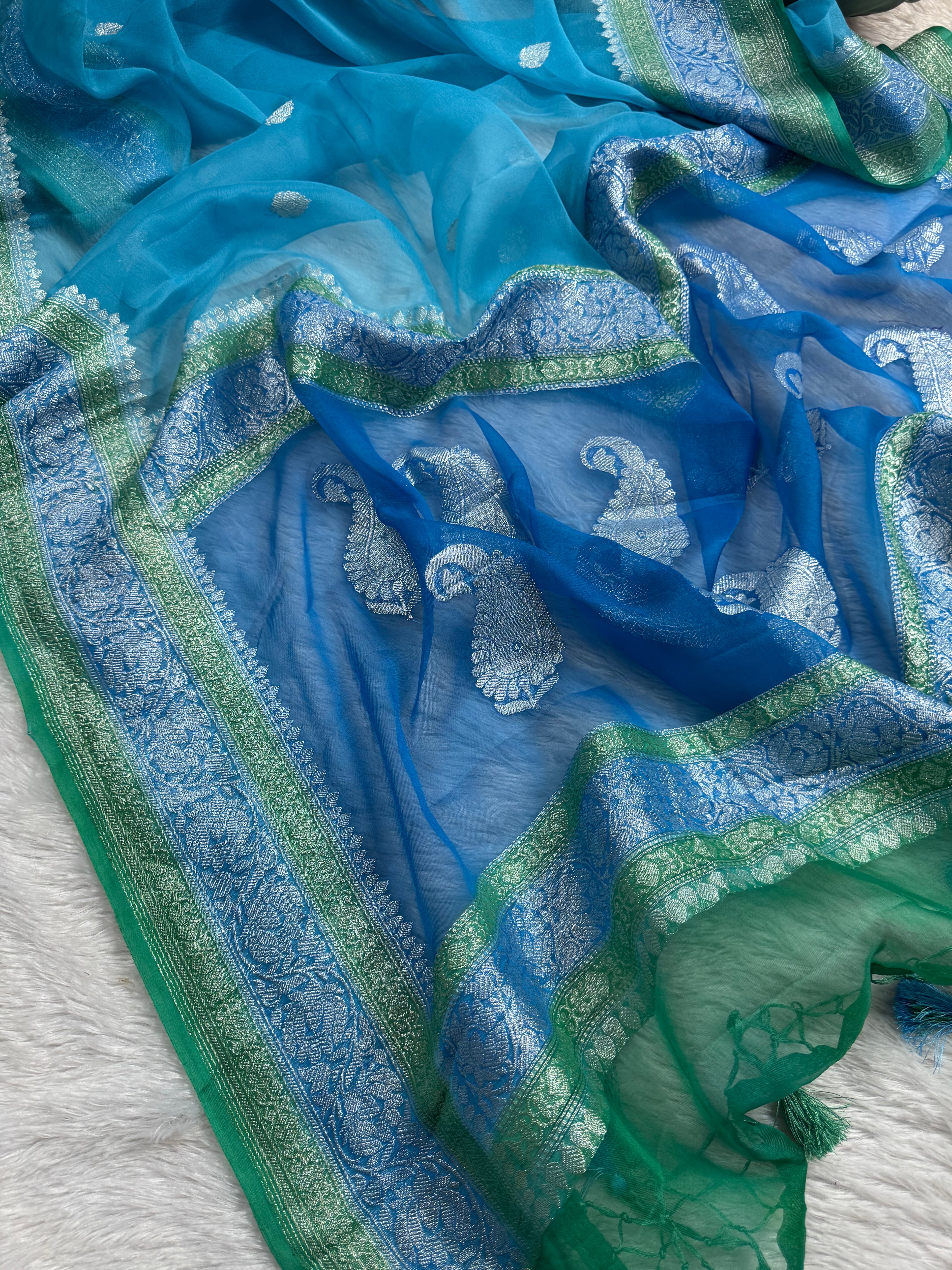 Sky Blue 3D Pure Khaddi Chiffon Silk Banarasi Saree