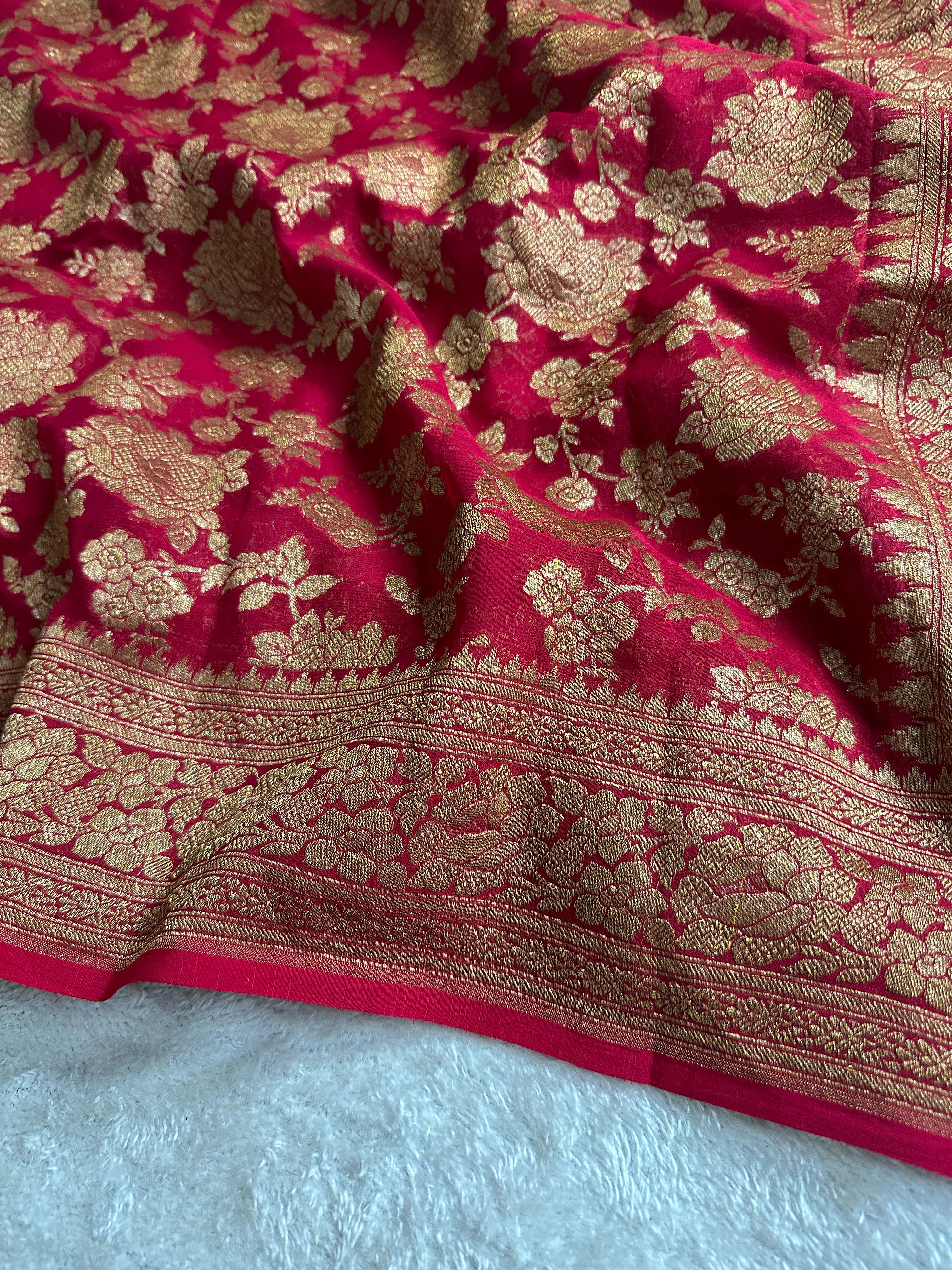 Red Pure Khaddi Georgette Silk Banarasi Saree