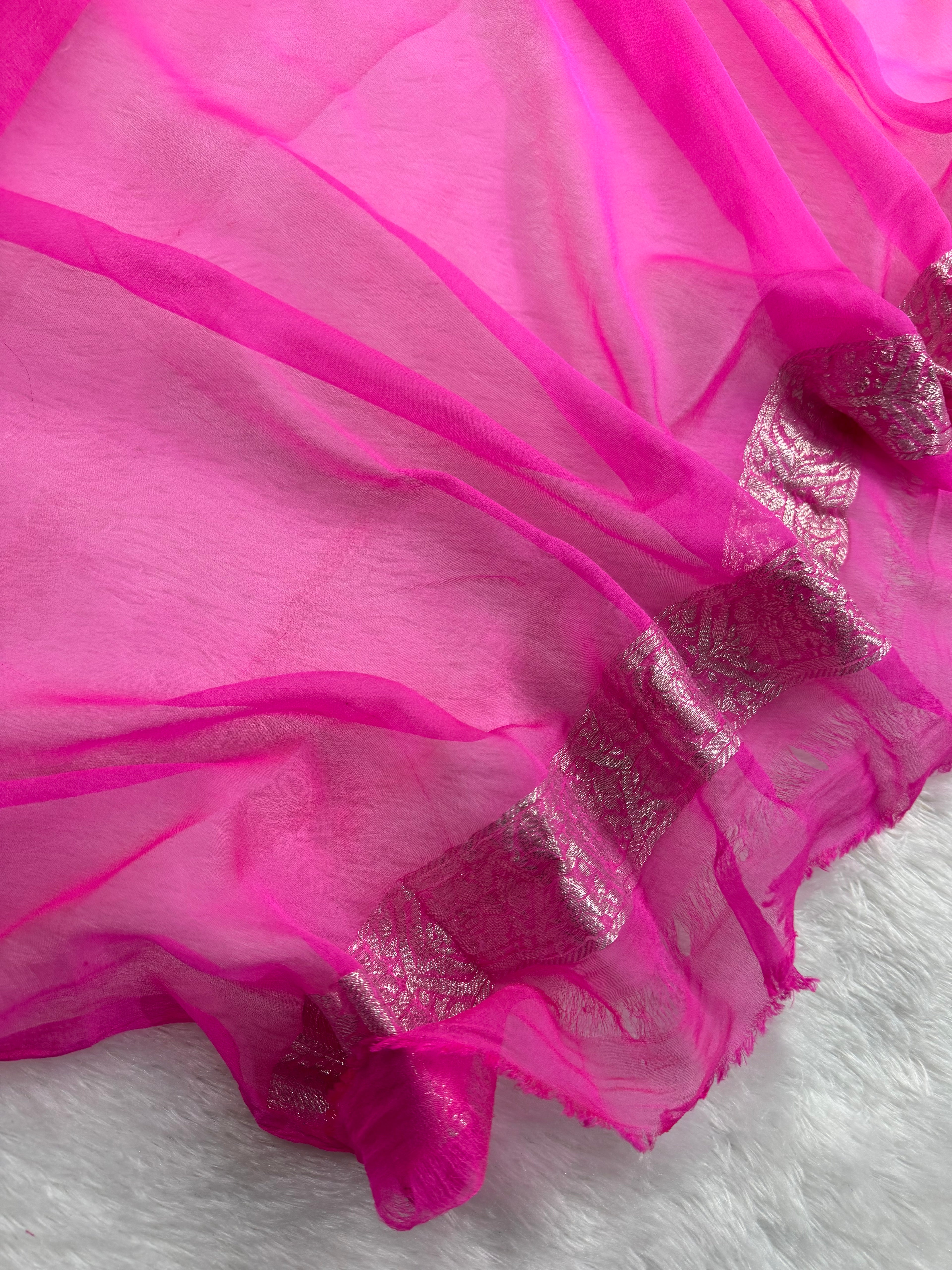 Fuchsia Pink Pure Khaddi Chiffon Silk Banarasi Saree
