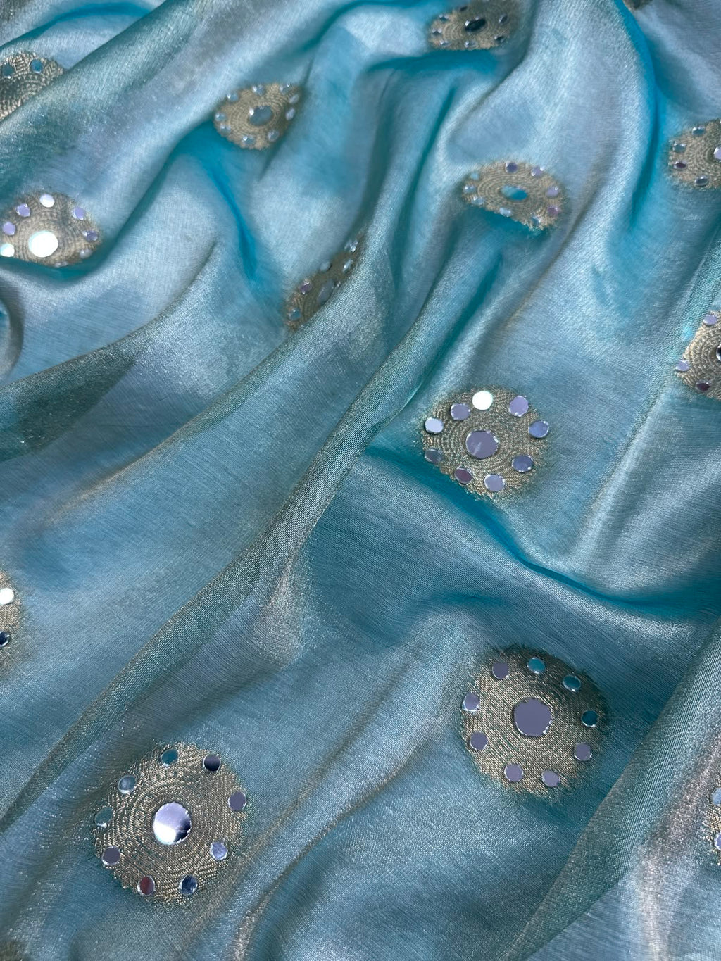 Light Sea Green Tissue Silk Saree With Mirror Work & Designer Lace Border