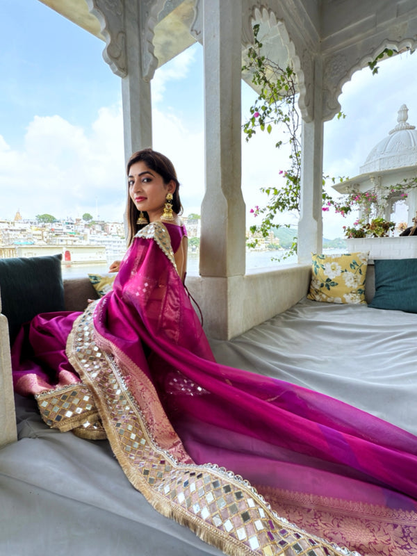 Magenta Pink Banarasi Rajwada Mirror Work Tissue Silk Saree