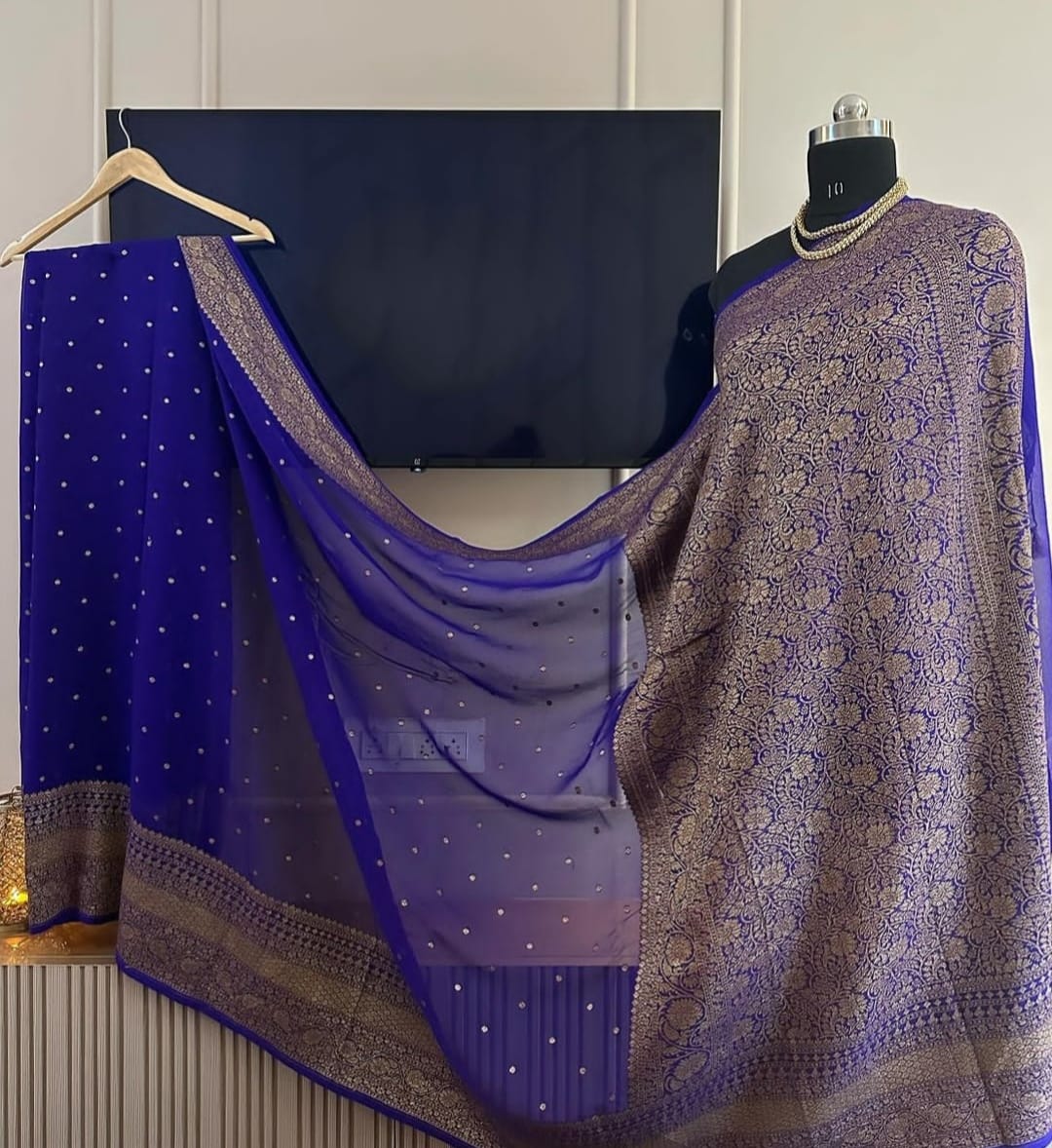 Royal Blue Pure Khaddi Georgette Silk Banarasi Border Dana Saree