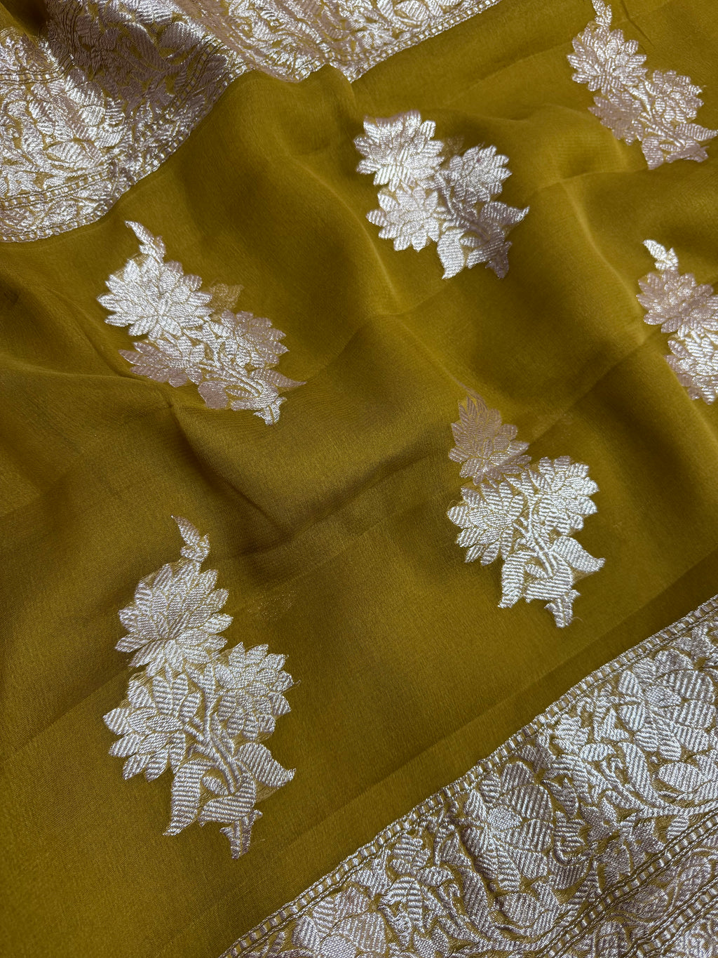 Golden Mustard Pure Khaddi Chiffon Silk Banarasi Saree