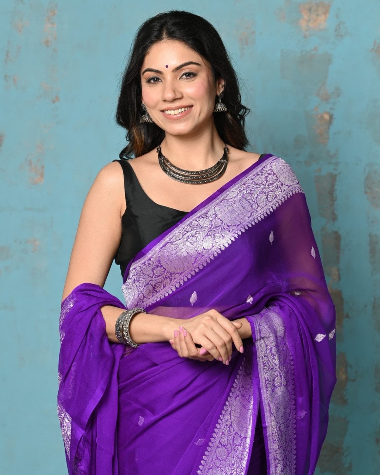 Purple Pure Khaddi Chiffon Silk Banarasi Saree
