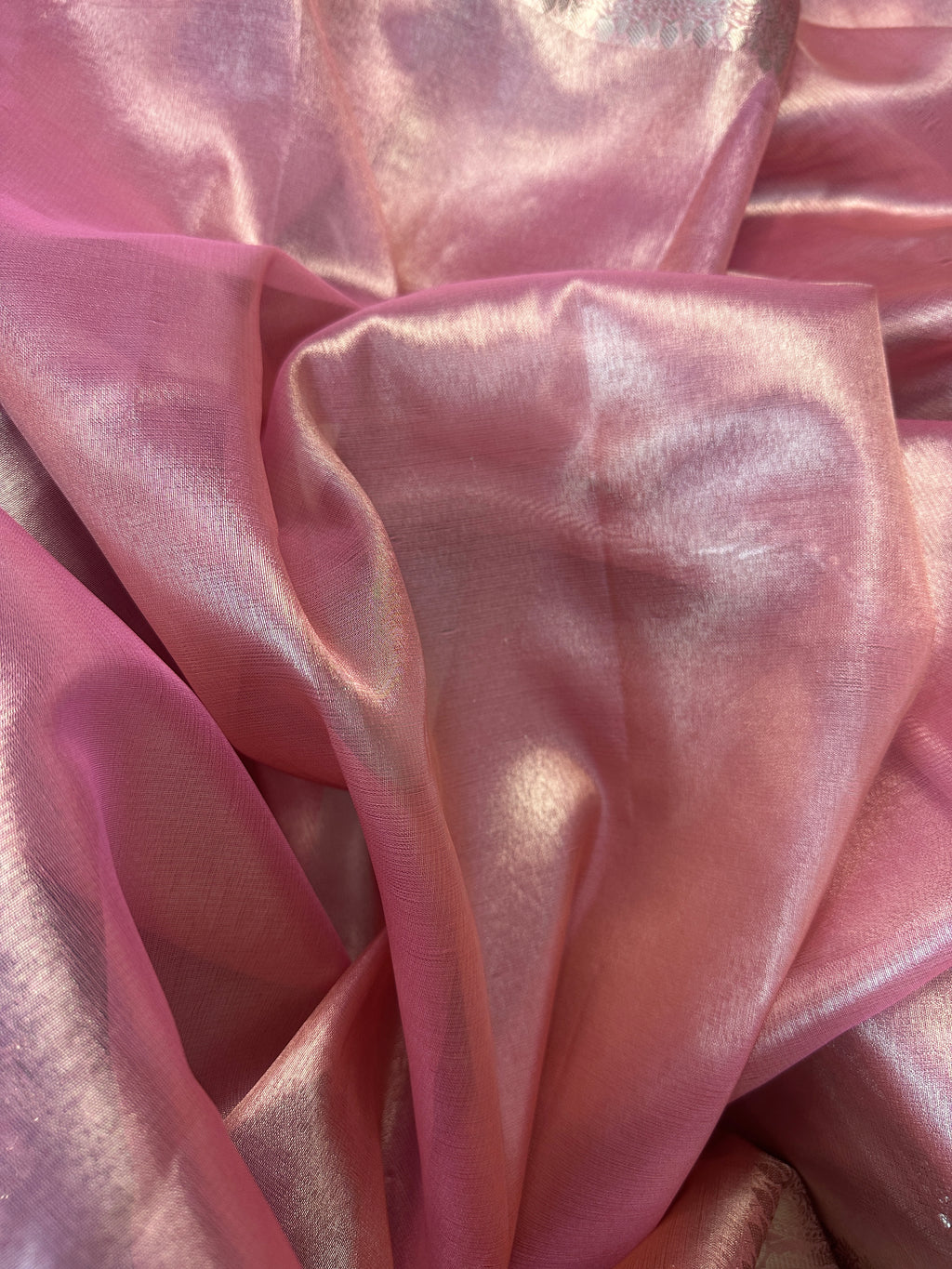 Blush Pink Tissue Silk Banarasi Saree With Designer Lace Work
