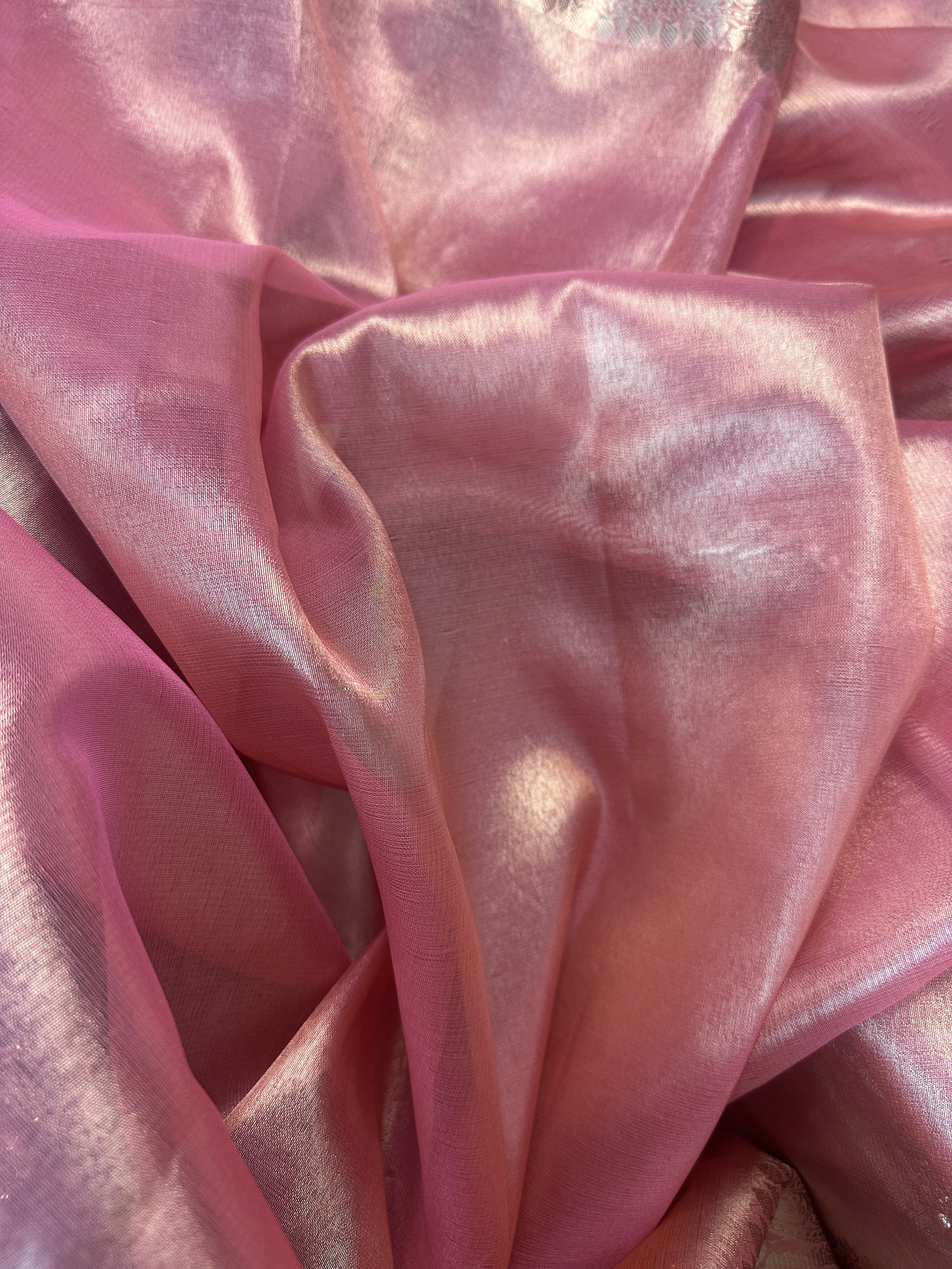 Blush Pink Tissue Silk Banarasi Saree With Designer Lace Work