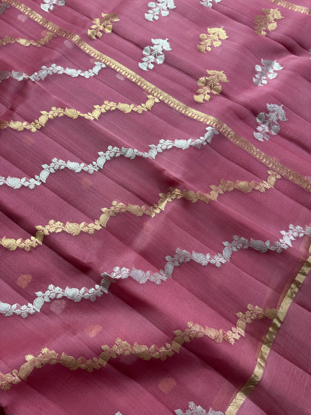 Dusty Rose Stripe Sona & Roopa Pure Kora Organza Silk Banarasi Saree