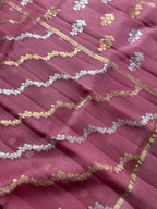 Dusty Rose Stripe Sona & Roopa Pure Kora Organza Silk Banarasi Saree