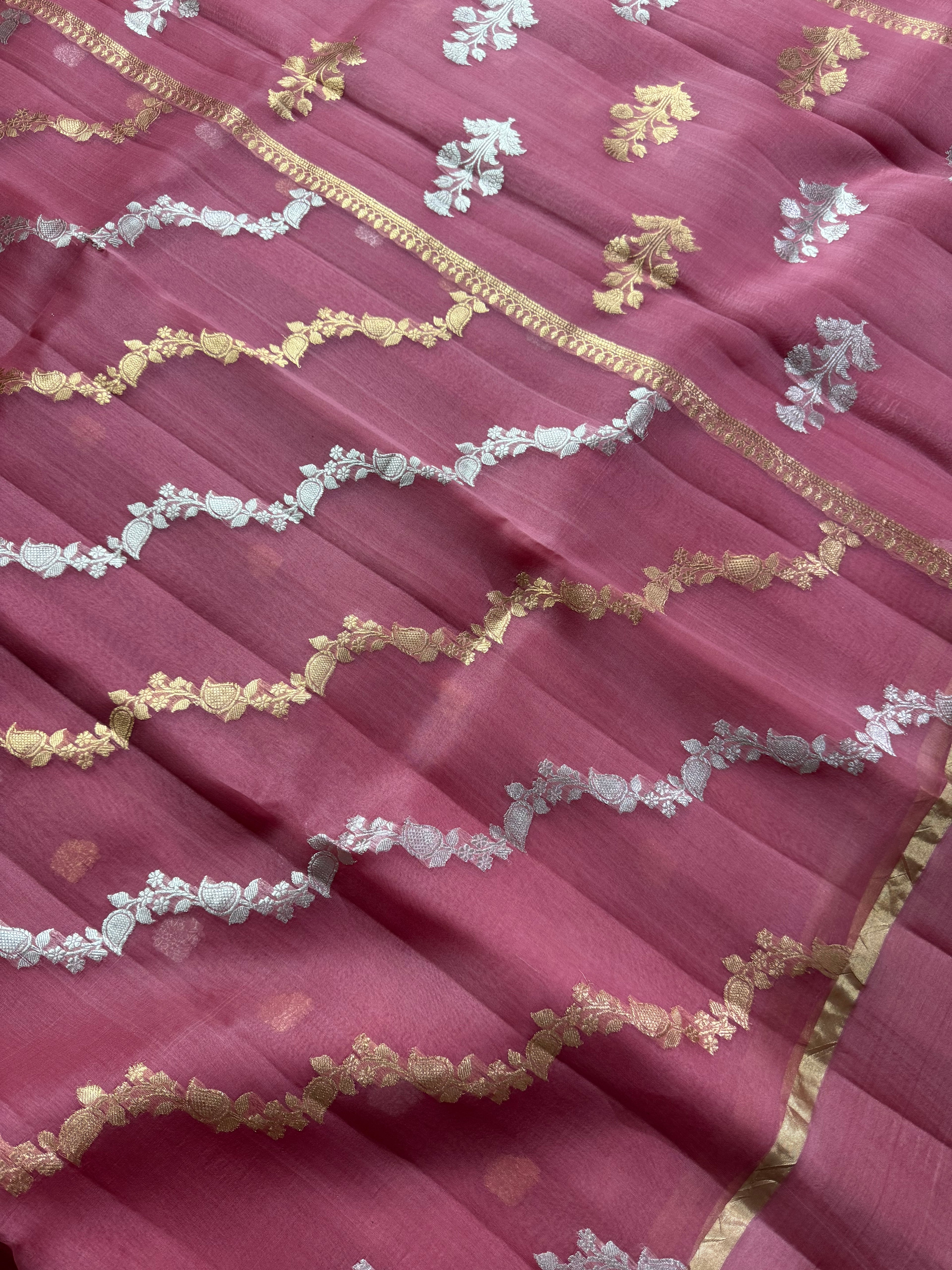 Dusty Rose Stripe Sona & Roopa Pure Kora Organza Silk Banarasi Saree