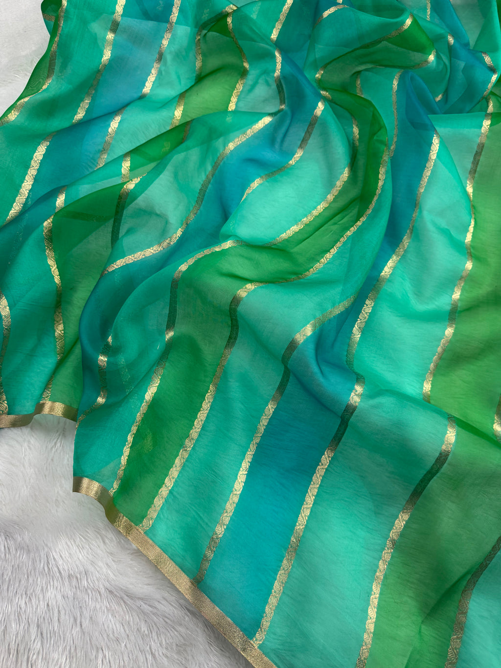 Sea Green Rangkat Pure Kora Organza Sona & Roopa Zari Stripe Weaving Banarasi Saree