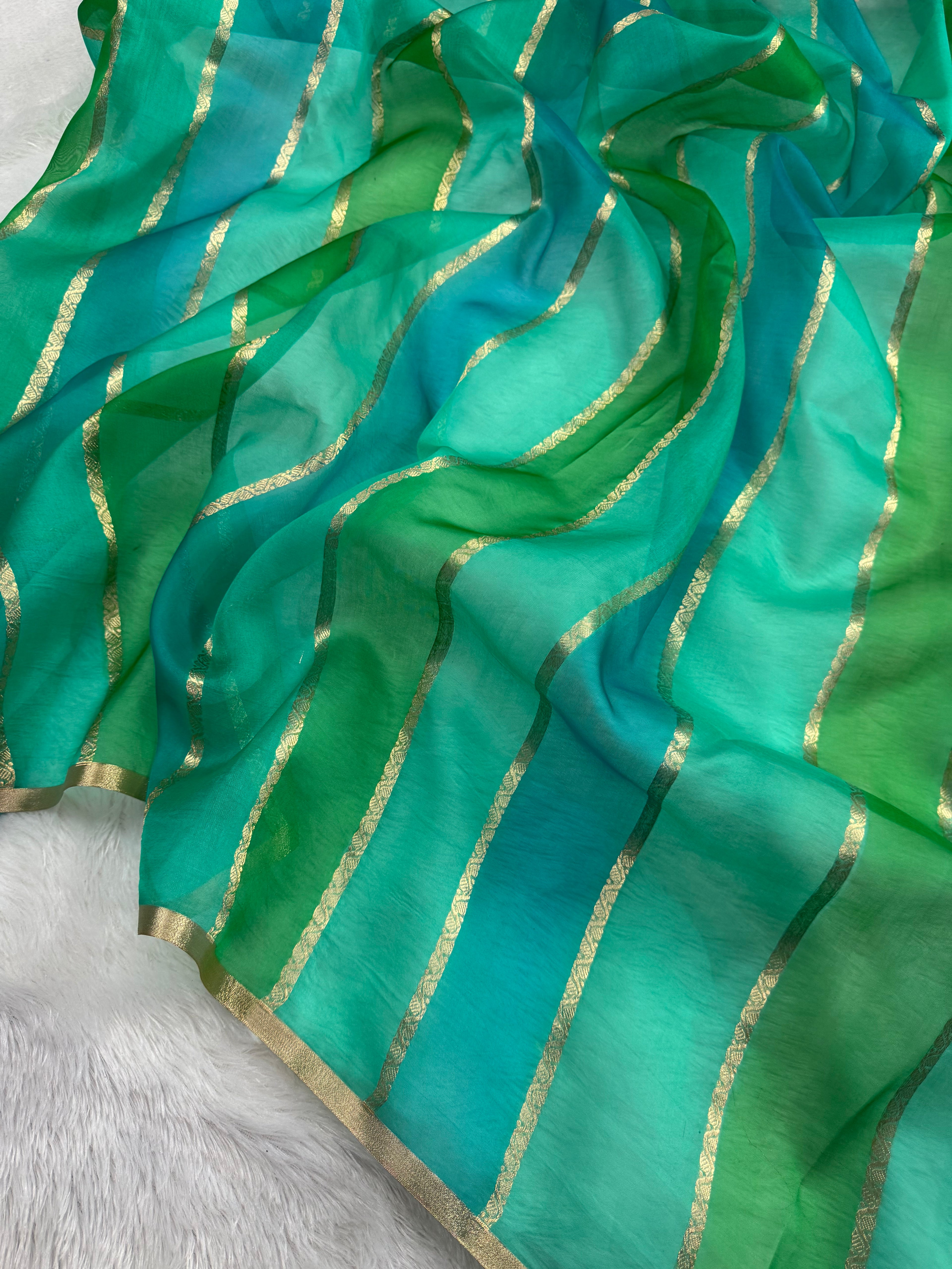 Sea Green Rangkat Pure Kora Organza Sona & Roopa Zari Stripe Weaving Banarasi Saree