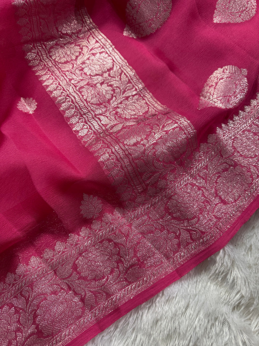 Hot Pink Pure Khaddi Chiffon Silk Banarasi Saree