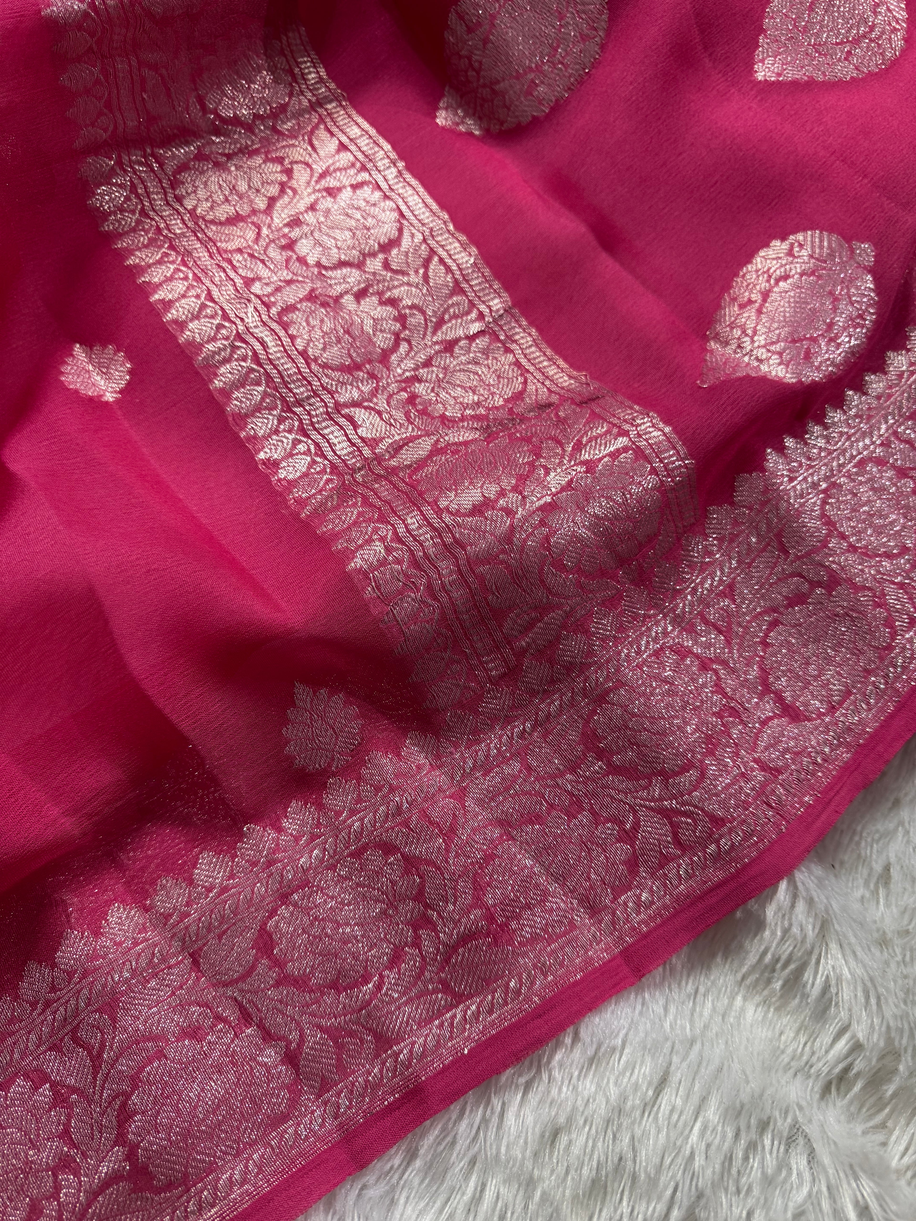 Hot Pink Pure Khaddi Chiffon Silk Banarasi Saree
