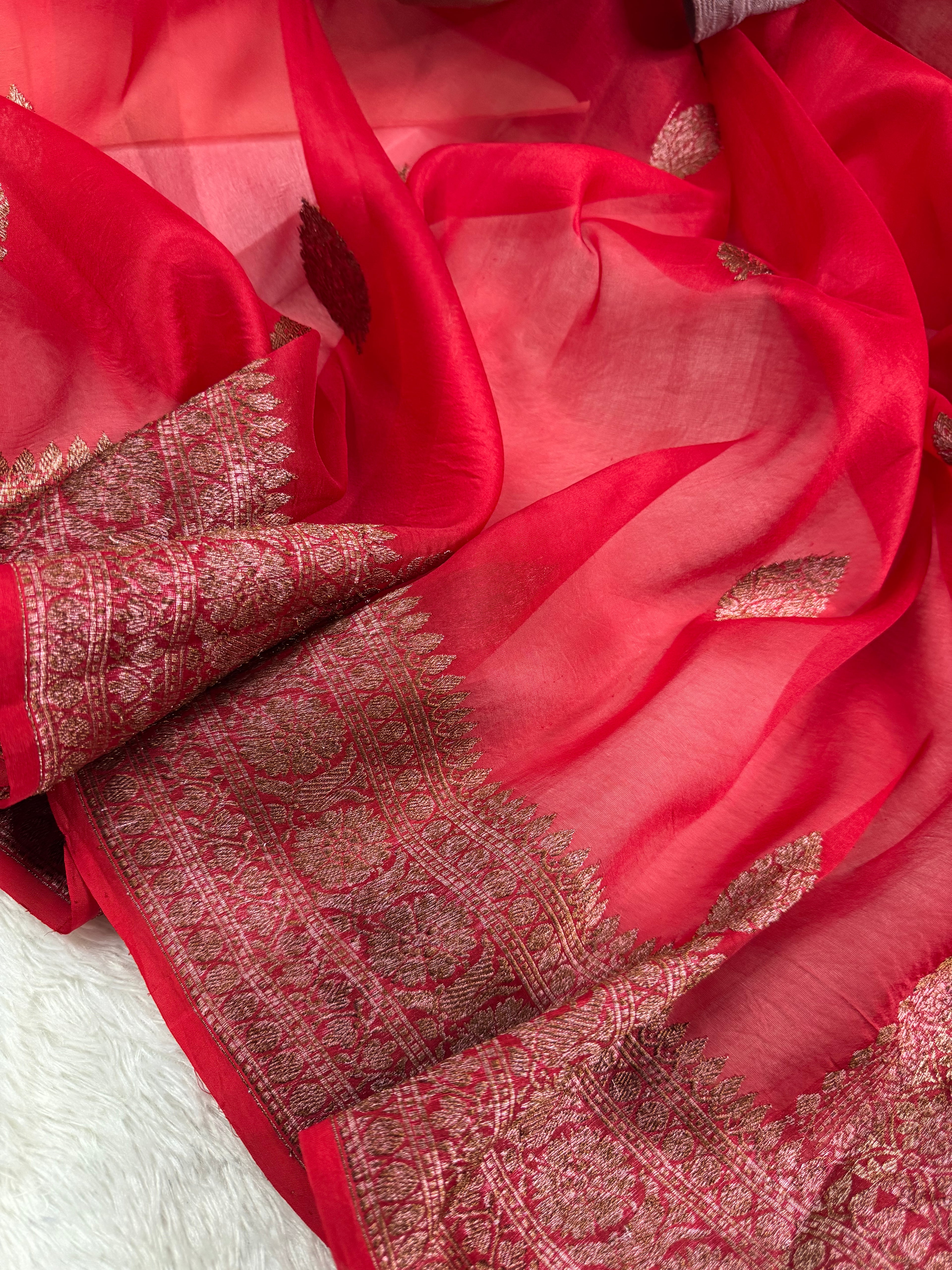 Red Pure Kora Organza Silk Banarasi Saree