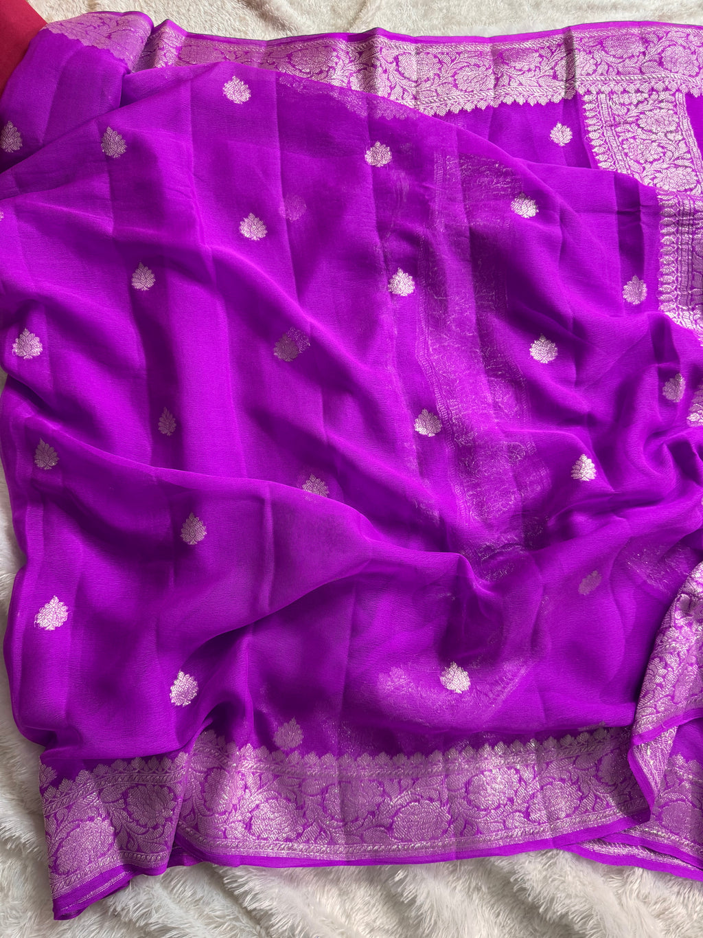 Bright Magenta Pure Khaddi Chiffon Silk Banarasi Saree