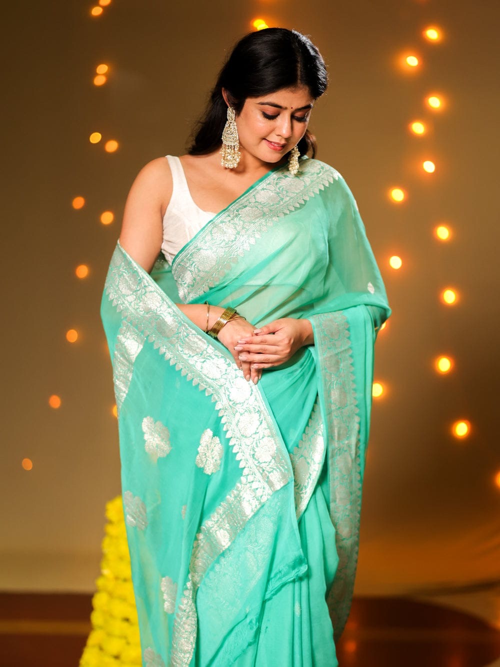 Sea Green Pure Khaddi Chiffon Silk Banarasi Saree