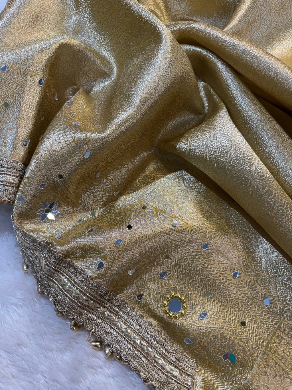 Yellow Tissue Silk Banarasi Saree With Ghungroo & Mirror Work Designer Border Lace Saree