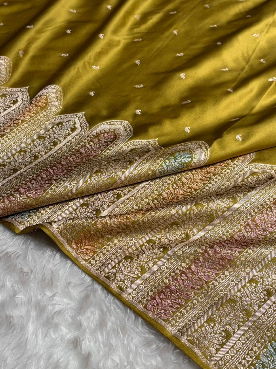 Mustard Green Meenakri Mashru Katan Silk Banarasi Saree