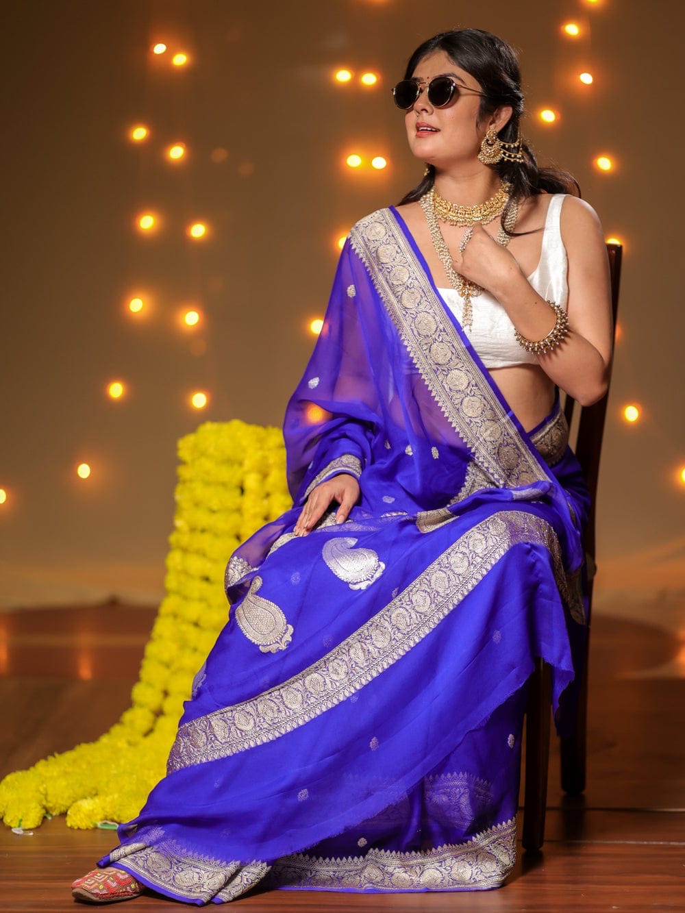 Royal Blue Pure Khaddi Chiffon Silk Banarasi Saree