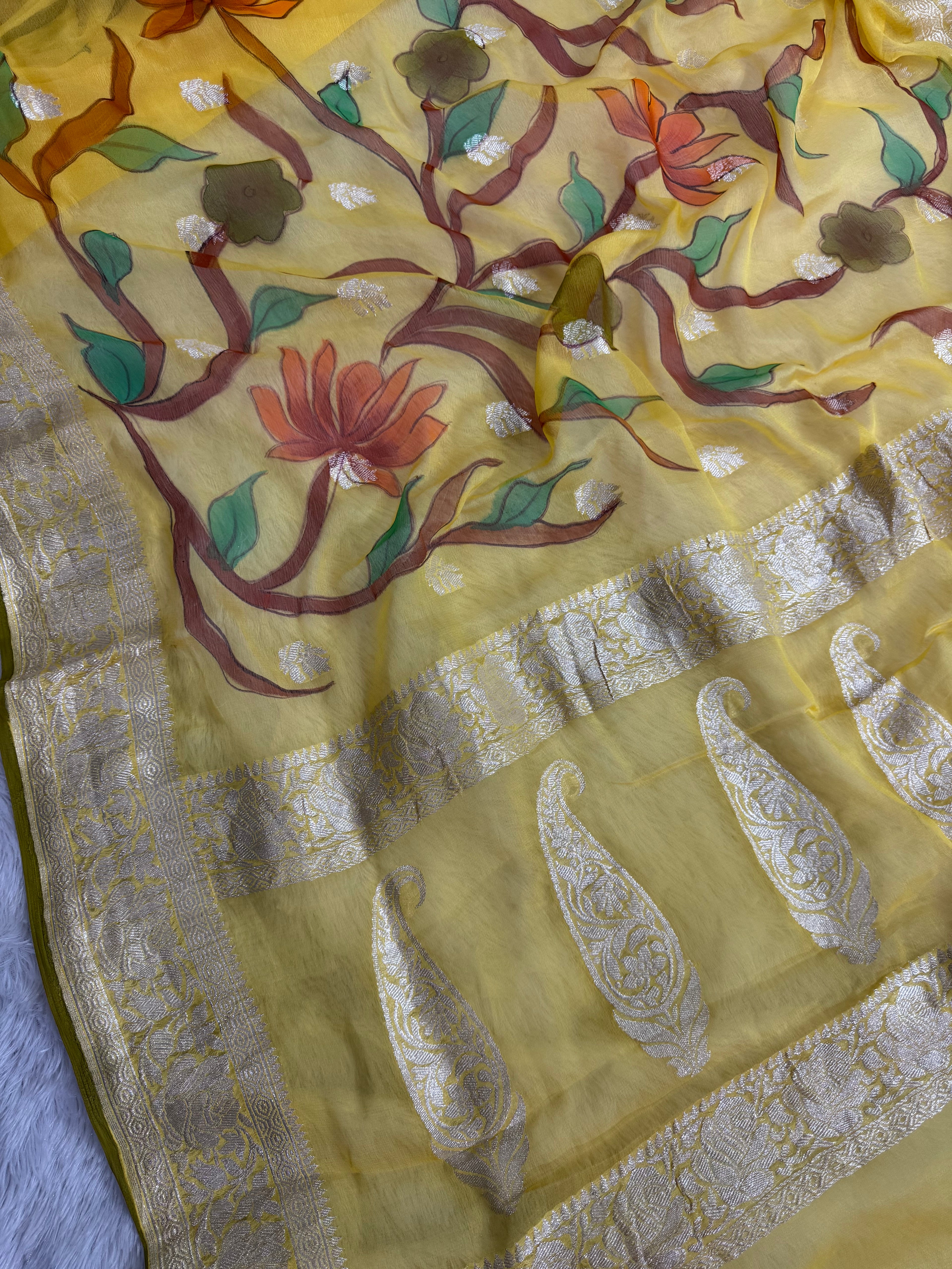 Yellow Handbrush Flowers Jall Designs Pure Khaddi Chiffon Silk Banarasi Saree