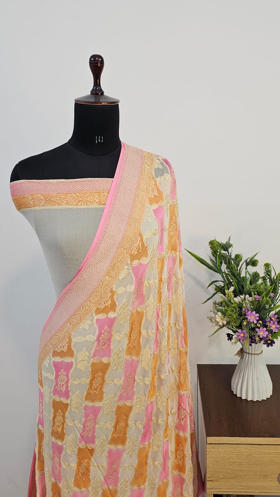Off- White Rangkat Pure Khaddi Georgette Silk Banarasi Saree
