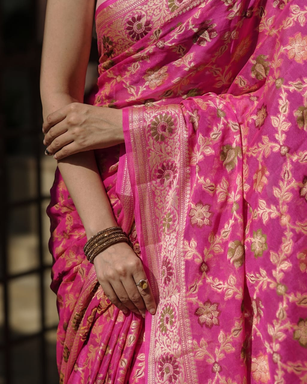 Pink Pure Chiffon Silk Banarasi Saree