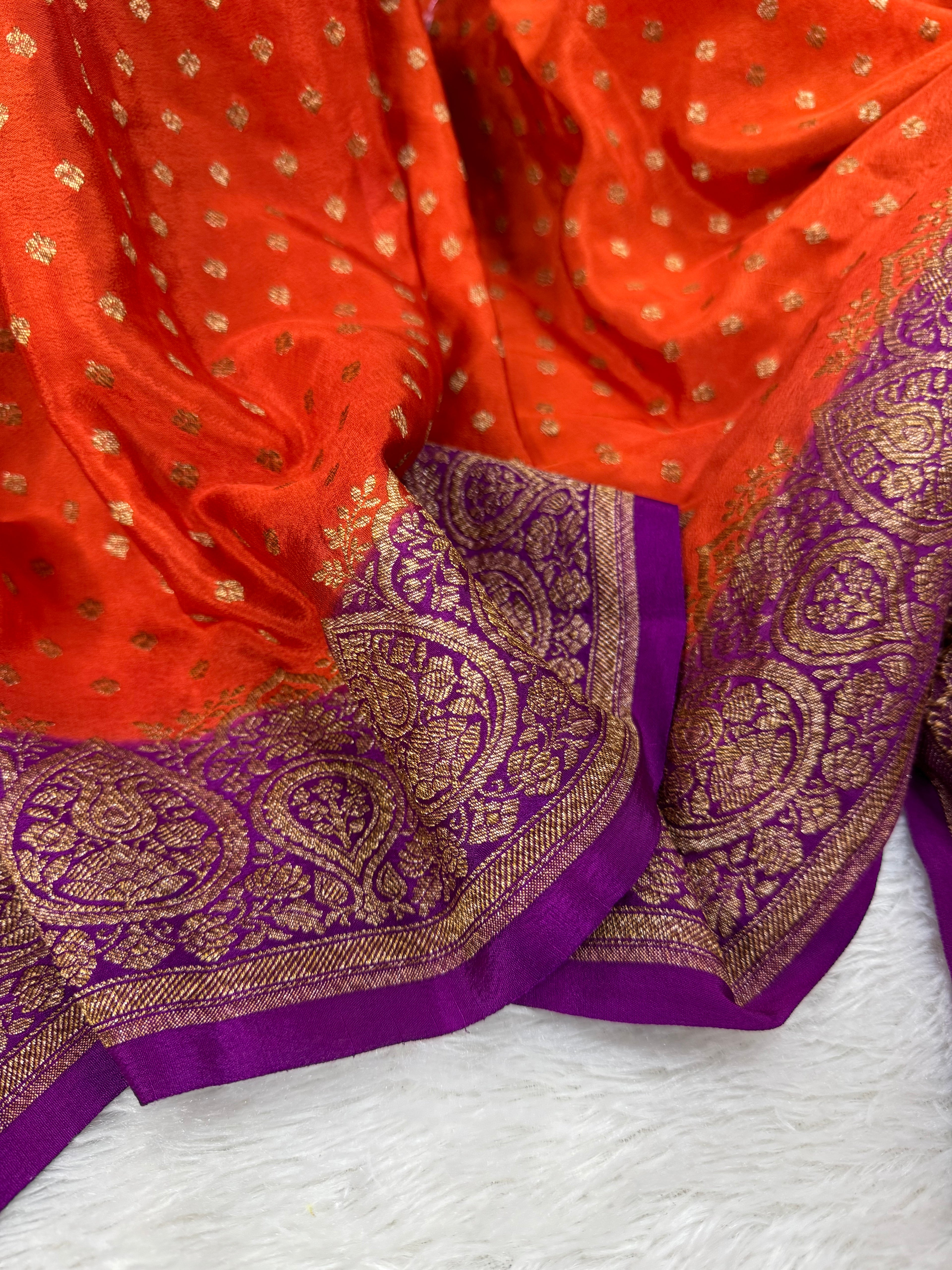 Rust Orange & Jamuni Pure Khaddi Crep Silk Banarasi Saree