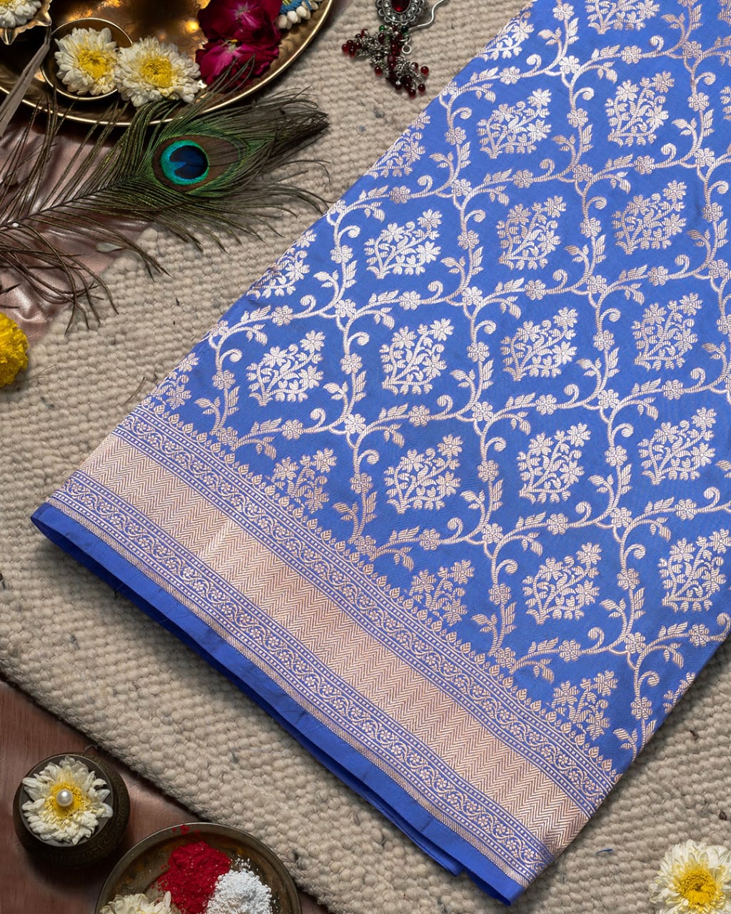 Bright Blue Pure Katan Silk Banarasi Saree