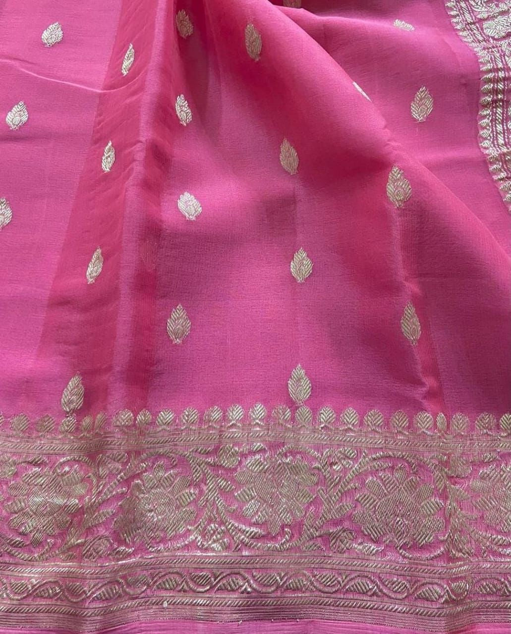 Mustard Orange & Rani Pink Pure Khaddi Chiffon Silk Banarasi Saree