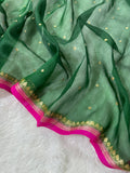 Bottle Green & Rani Pink Pure Kora Organza Silk Banarasi Saree