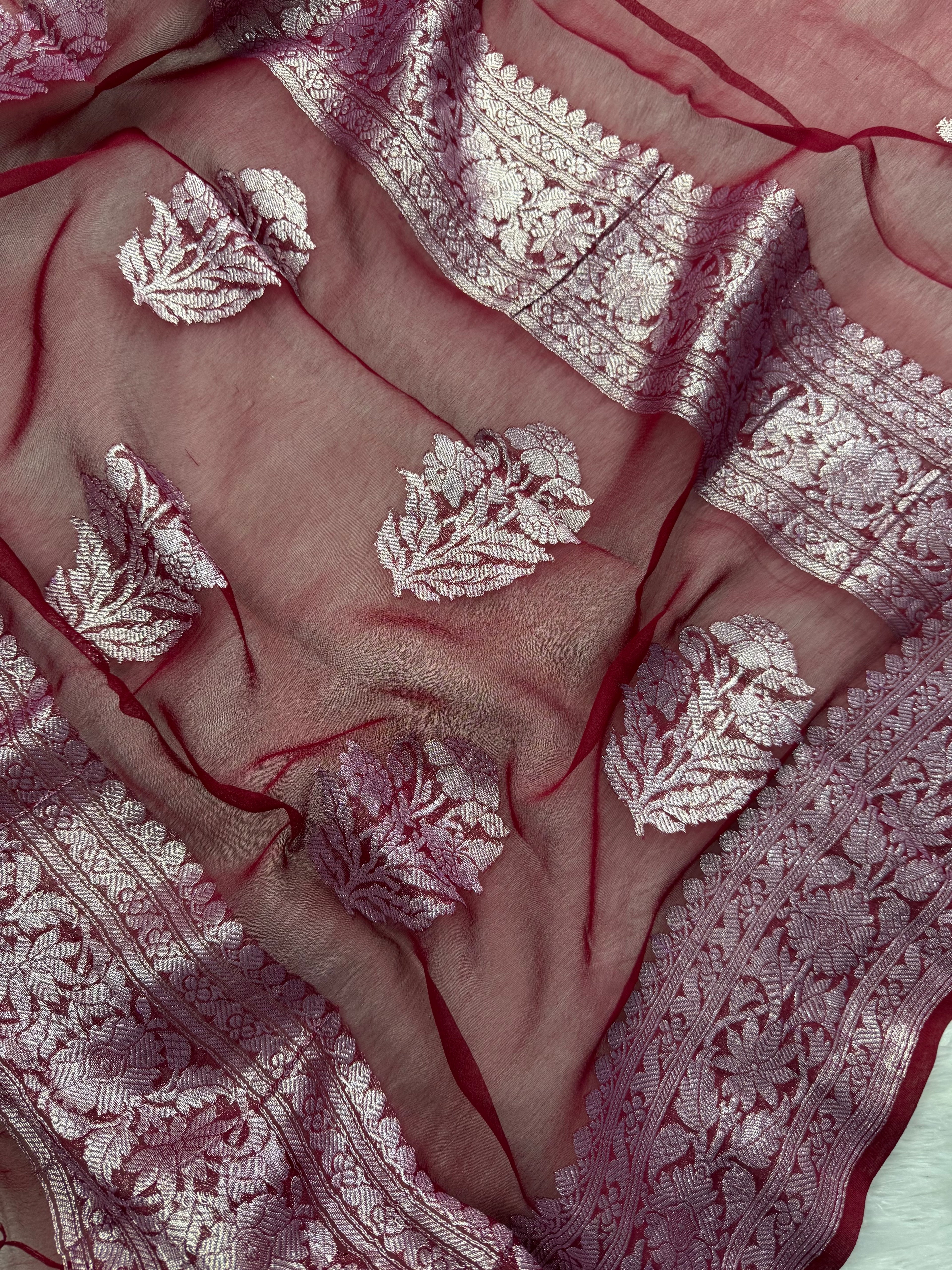 Deep Wine Red Pure Khaddi Chiffon Silk Banarasi Saree