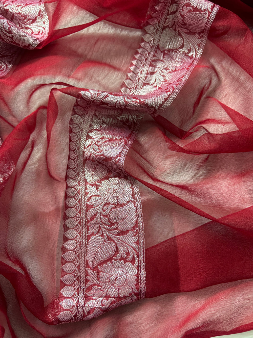 Grey & Red Pure Khaddi Chiffon Silk Banarasi Saree