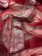 Grey & Red Pure Khaddi Chiffon Silk Banarasi Saree
