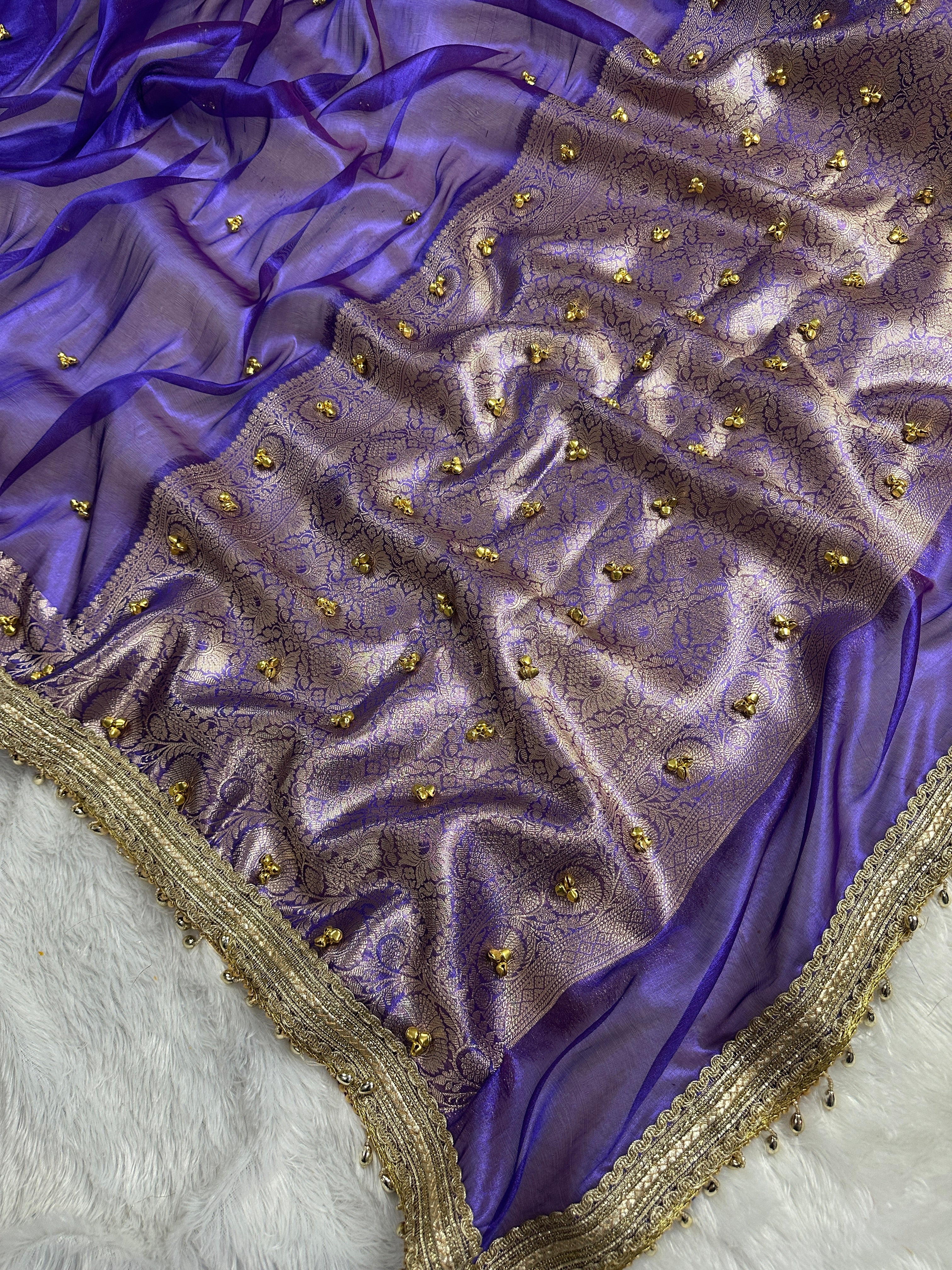 Royal Blue Tissue Silk Saree With Golden Ghungroo Butti Work & Luxury Lace Border