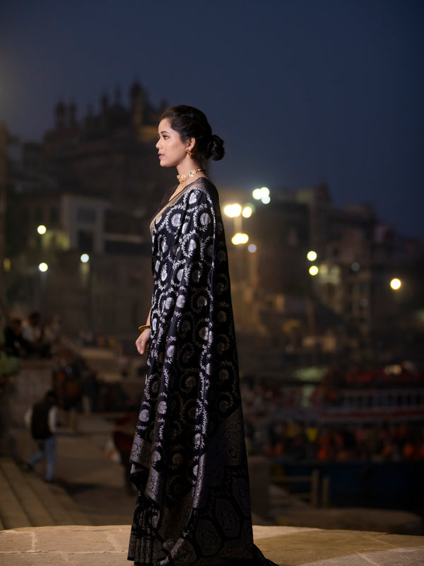 Black Mashru Kataan Silk Banarasi Saree