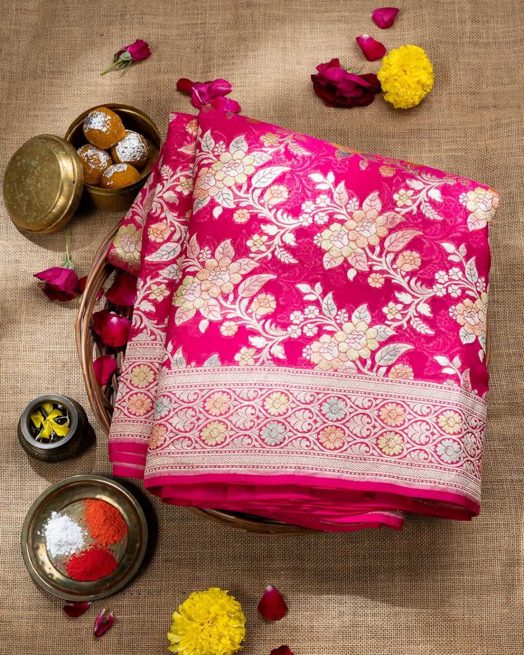 Rani Pink With Handbrush Pure Khaddi Georgette Silk Banarasi Saree