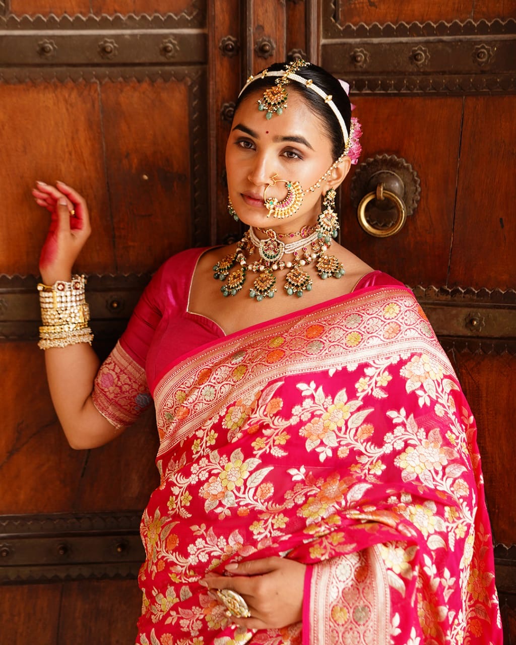 Rani Pink With Handbrush Pure Khaddi Georgette Silk Banarasi Saree