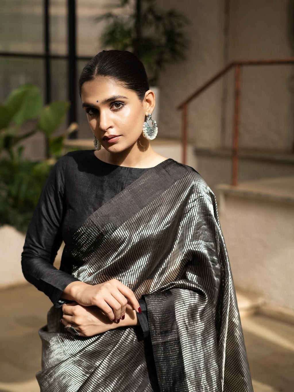Black Stripe Pure Glass Tissue Silk Banarasi Saree