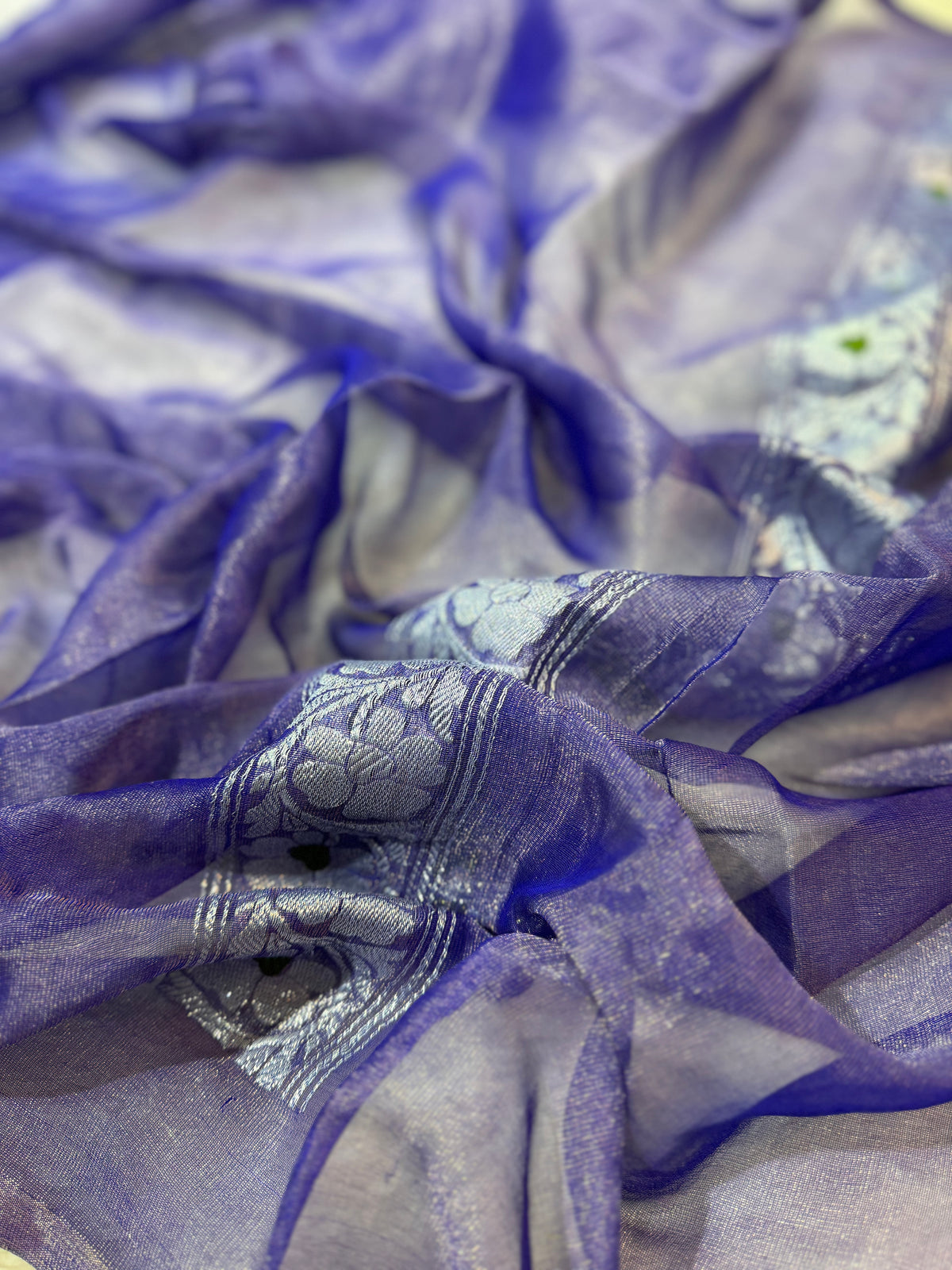 Royal Blue Pure Khaddi Tissue Chiffon Sona & Roopa Meenakari Banarasi Saree