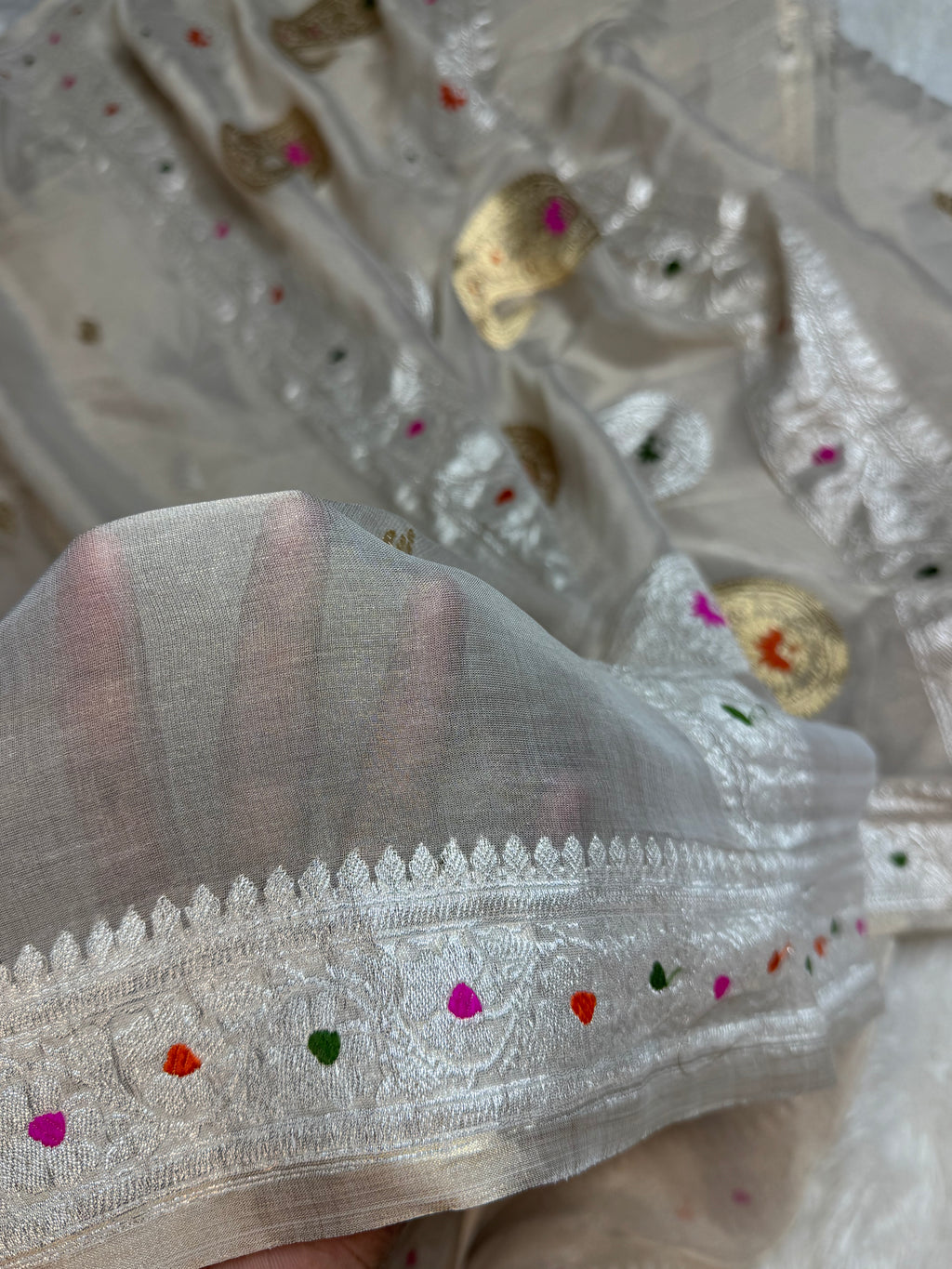 Natural Pure Khaddi Tissue Chiffon Sona & Roopa Meenakari Banarasi Saree