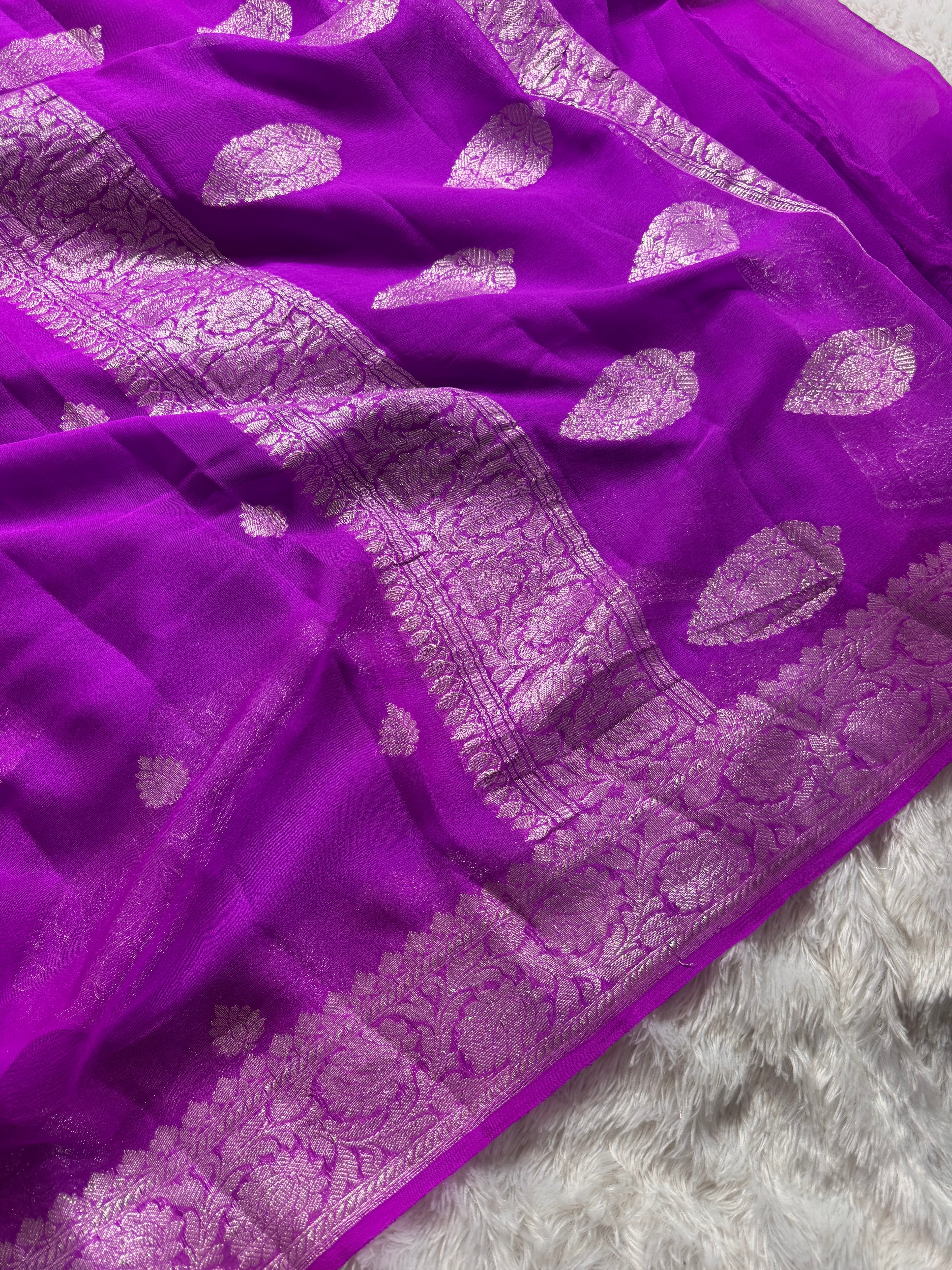 Bright Magenta Pure Khaddi Chiffon Silk Banarasi Saree