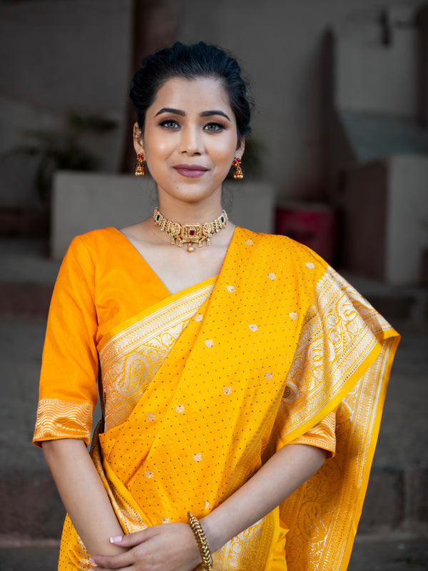 Yellow Gold Swarovski Intricate Stone Work Banarasi Mashru Silk Saree