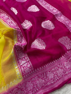 Yellow & Rani Pink Pure Khaddi Chiffon Silk Banarasi Saree