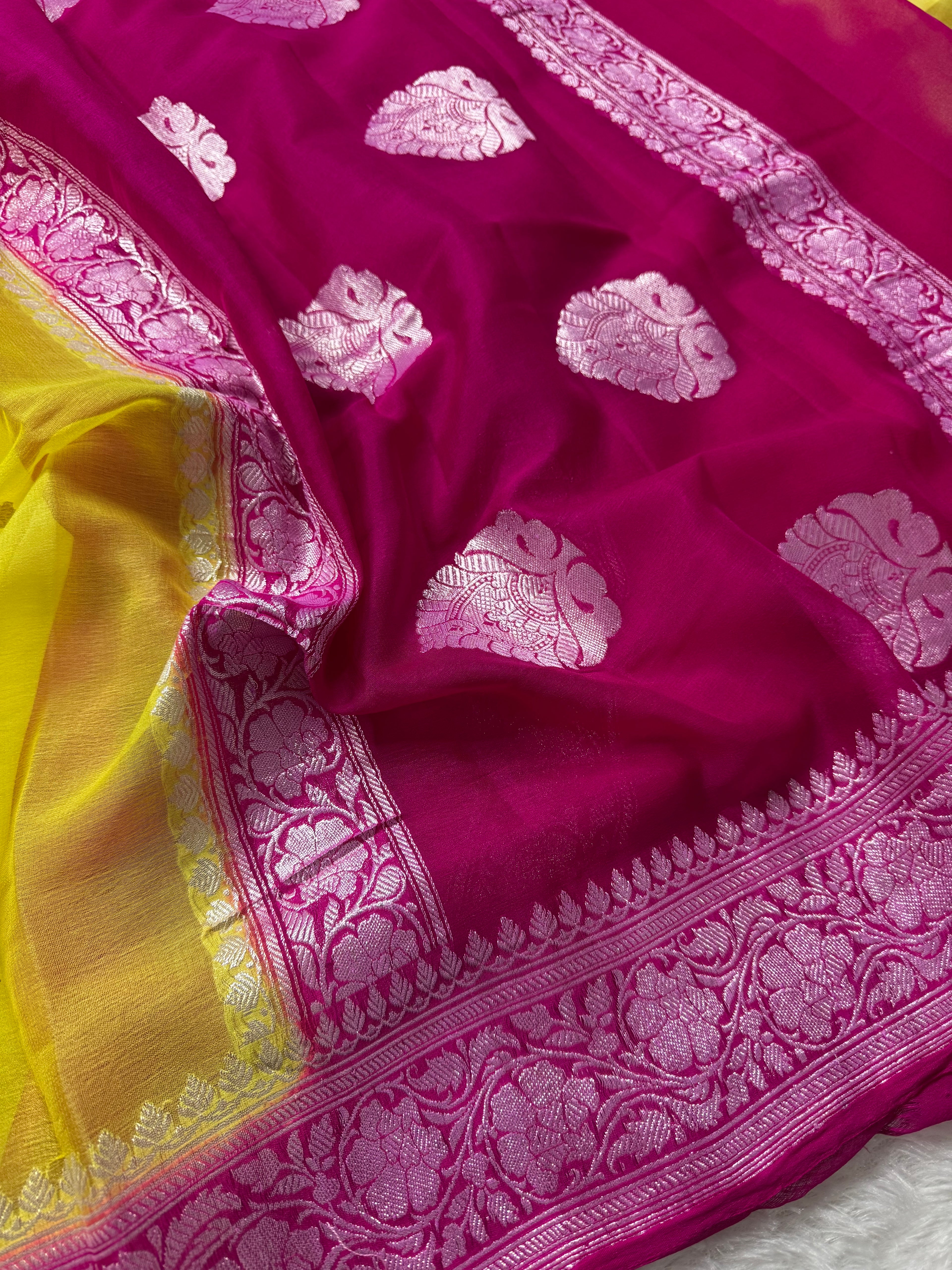 Yellow & Rani Pink Pure Khaddi Chiffon Silk Banarasi Saree