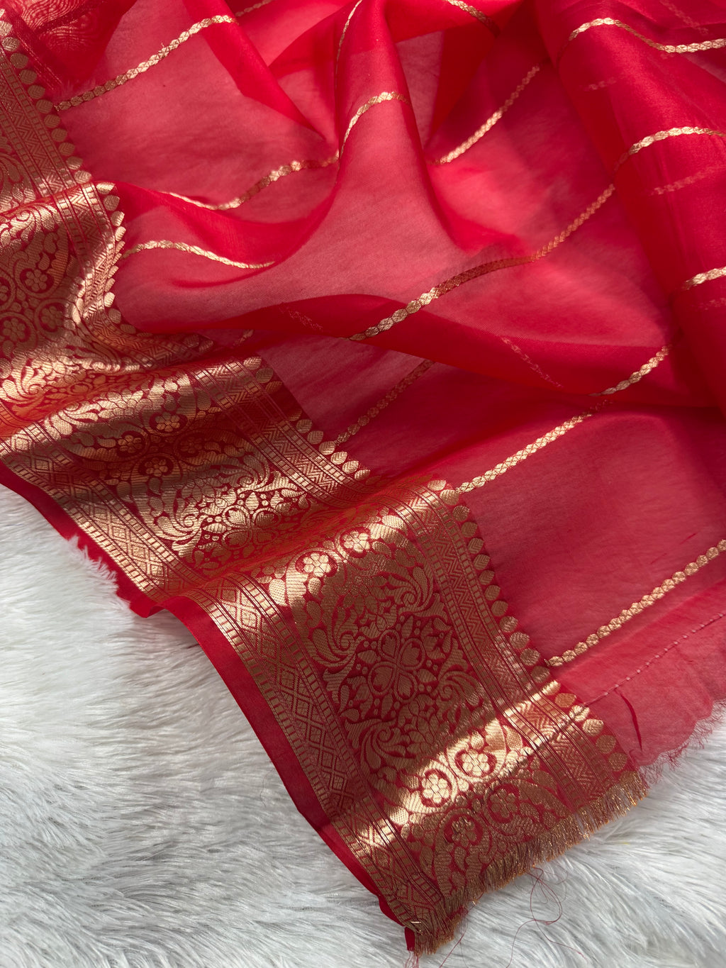 Yellow & Red Pure Kora Organza Silk Banarasi Saree