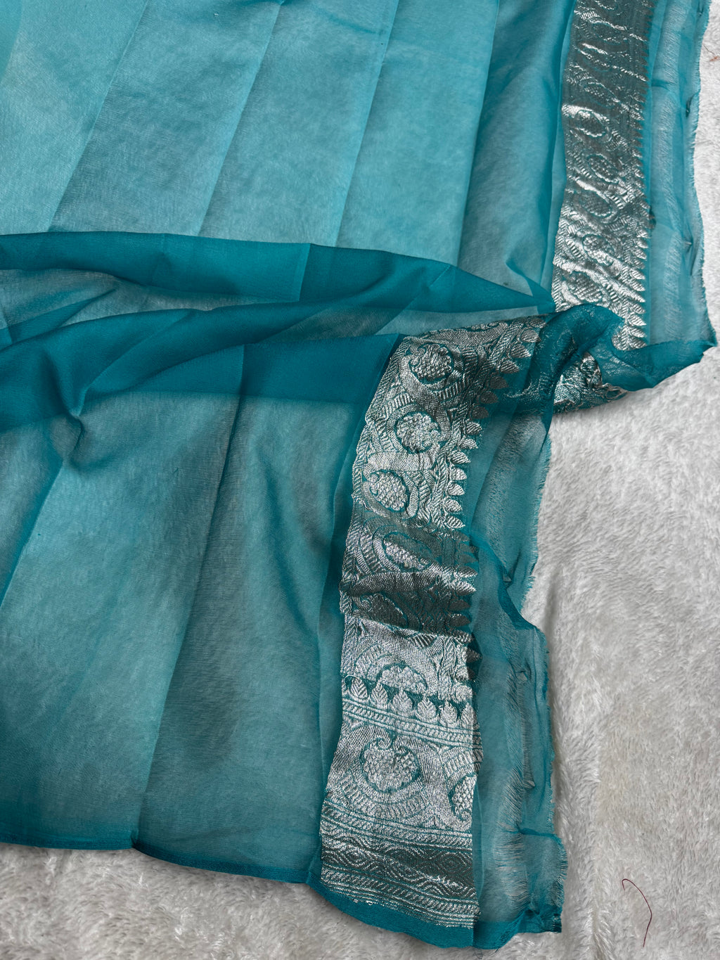 Deep Sea Green & Light Sea Green Pure khaddi Chiffon Silk Banarasi Border Booti Saree